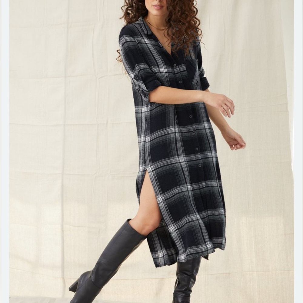 Bella Dahl Plaid‎ Ivy  Rolled Cuffed Sleeve Duster  V-Neck Dress Size S
